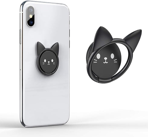 Ultra-Thin Cute Cat Metal Phone Ring Holder, 360° Rotation Kickstand for Magnetic Car Mount (Black)