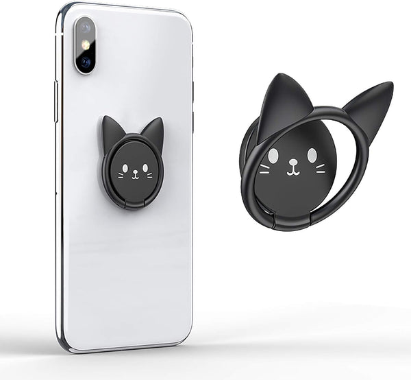 Ultra-Thin Cute Cat Metal Phone Ring Holder, 360° Rotation Kickstand for Magnetic Car Mount (Black)