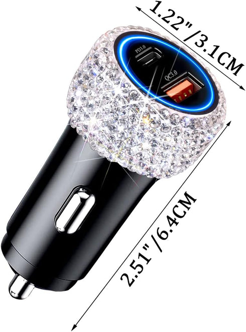 USB C Car Charger Adapter 54W, Bling Diamond PD & QC 2-Port Type C Compact Car Charger