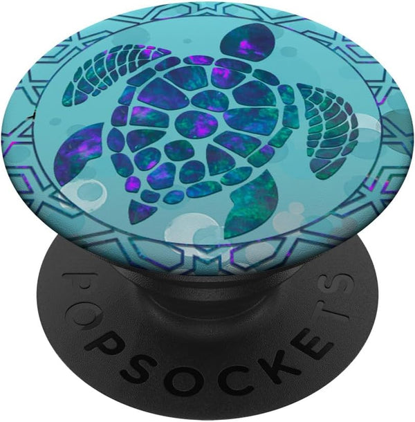 Teal Blue Purple Turtle and Geometric Design on Light Blue PopSockets Standard PopGrip
