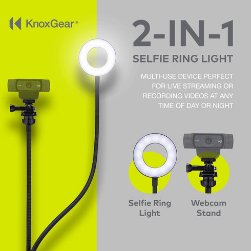 Knox Gear Clip On Selfie Ring Light Stand with Flexible Arm and Interchangeable Cell Phone Holder and Webcam/Camera