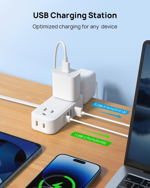 TROND Travel Power Strip with USB Ports, 5ft Flat Plug Extension Cord, Small Wall Mount Extender Adapter for Office