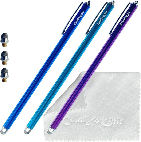3-Pack 7.3’’ Fine Micro-Knit Mesh Tip Stylus Pens for Touch Screens, Extra Long with Cleaning Cloth (Purple, Blue, Sky
