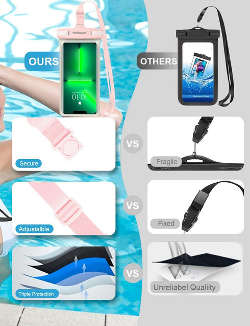 Wellhouse Waterproof Phone Pouch, Compatible with iPhone 15 14 13 12 Pro Max XS, IPX8 Dry Bag, Luminous Blue Pink 2Pack
