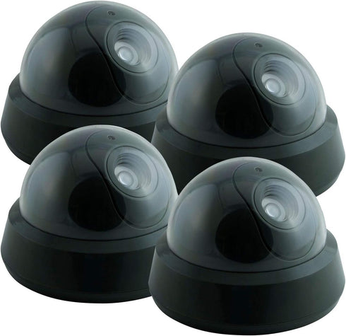 Pearl Enterprise Dummy Security Camera Fake Camera, Outdoors Dummy Dome Wireless Surveillance System with Motion Light Realistic Look with Flashing Red LED Light for Home or Business (Pack of 4)