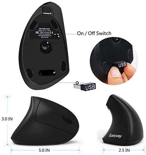 Lekvey Ergonomic Mouse, Vertical Wireless Mouse, Rechargeable 2.4GHz Optical Mouse with 3 Adjustable DPI Levels, Black