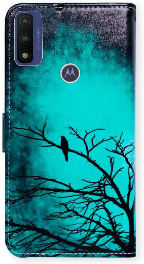 Leather Flip Phone Case Wallet for Motorola Moto G Pure/Power 2022 - Black Bird Pattern with Card Slot and Kickstand