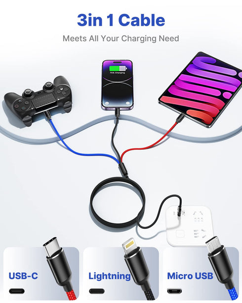 Aioneus 3-in-1 Multi Charging Cable: Fast Charging Nylon Braided USB Cable with Type-C, Micro USB & IP Port for Phones