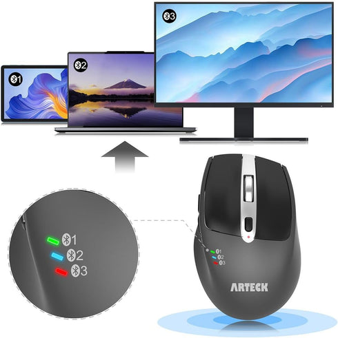 Arteck Multi-Device Wireless Bluetooth Mouse, Ergonomic Silent Clicking, Rechargeable Battery for Desktop PC, Laptop,