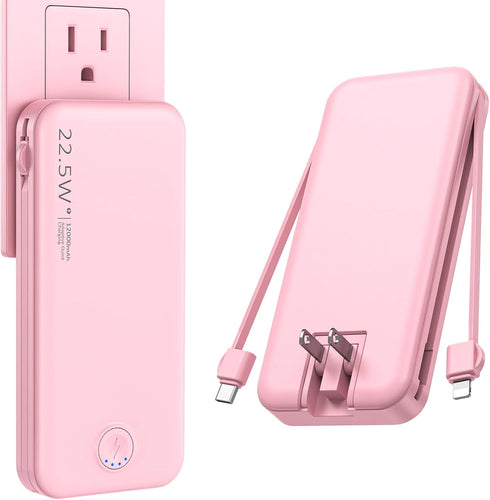 Portable Charger with Built-in Cable and AC Wall Plug, USB C Power Bank 12000mAh 22.5W Super Fast Charging for iPhone,