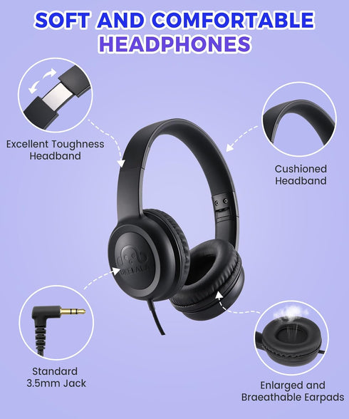 C3 Kids Headphones Wired, On-Ear Wired Headphones for Boys Girls with 3.5mm Jack, Foldable, Adjustable Headband, Child Headphones for School Home Airplane Tablet Black