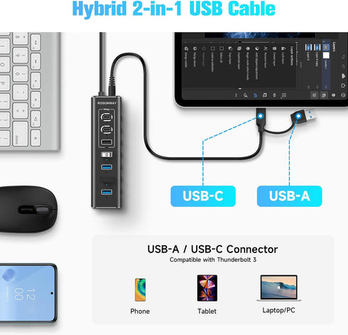 Powered USB Hub, Rosonway 7-Port USB 3.2/USB C Hub with 10Gbps USB-A, 2 USB-C, 4 USB 3.0 Ports, 12V Power Adapter