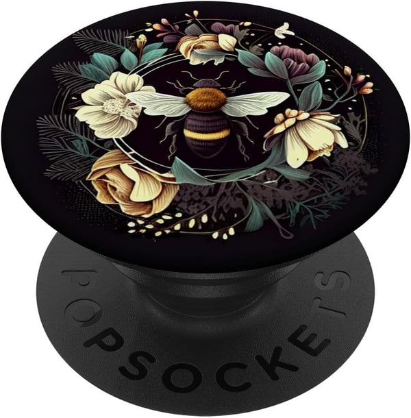 Boho Black Women PopSockets Standard PopGrip Bee Flowers