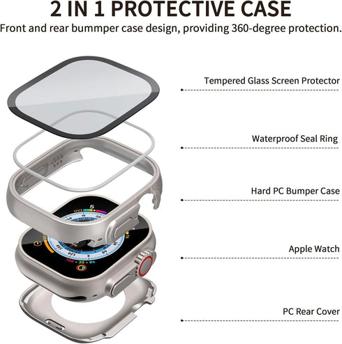 (2 in 1) Waterproof Case Compatible for Apple Watch Ultra/Ultra 2, Tempered Glass Protective PC Face Cover & Back Bumper