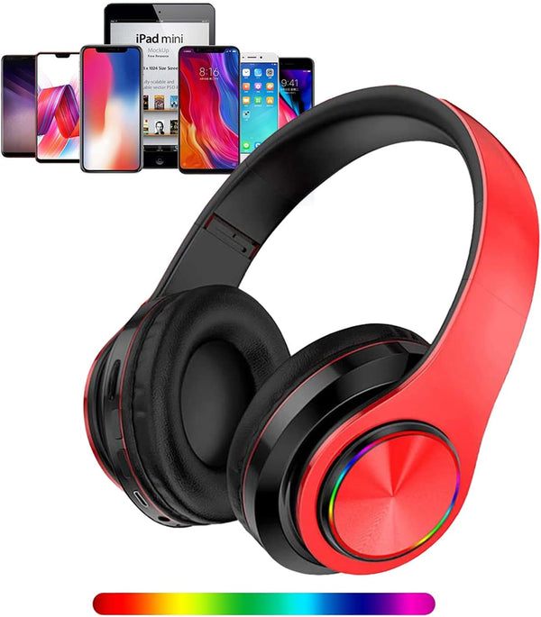 Wireless Bluetooth Headphones with Colorful LED Lights - Built-in Mic, Foldable, Wired HiFi Stereo for Classroom/Home