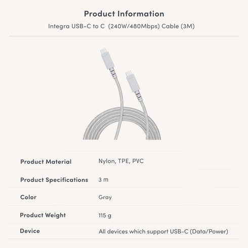 Moshi Integra USB-C to C Cable, Gray, 240W/480Mbps (3.0M)