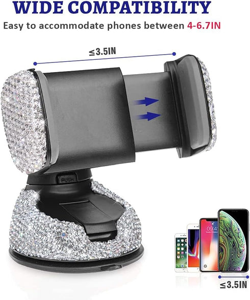 Dashboard Bling Phone Holder - Universal Car Mount for Windshield and Air Vent, Silver