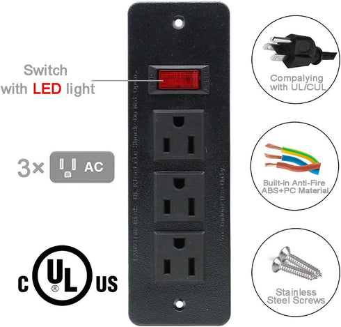 Recessed Power Strip, Countertop Grommet Desk Mountable Power Strip, Black Outlets for Cabinet Sofa Shelf, UL/ETL