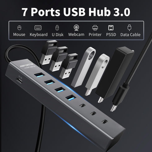 ABFCRTTW 4Ft 7-Port 3.0 4 3 5Gbps USB Hub for Desktop, USB-A & USB-C Ports Aluminium USB Extender Hub, USB Splitter