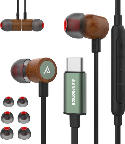 USB C Headphones for iPhone - Type C Earbuds Red Pear Wood Wired HiFi Stereo with Remote & Mic, Dark Green
