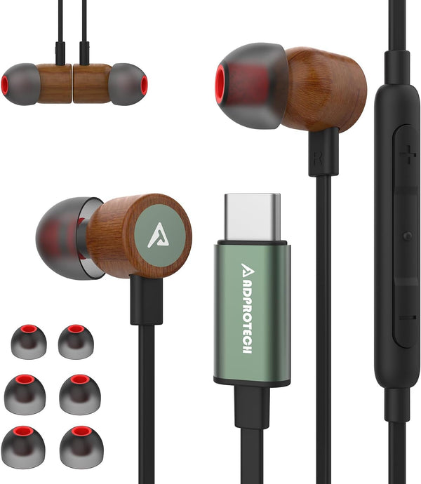 USB C Headphones for iPhone - Type C Earbuds Red Pear Wood Wired HiFi Stereo with Remote & Mic, Dark Green