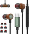 USB C Headphones for iPhone - Type C Earbuds Red Pear Wood Wired HiFi Stereo with Remote & Mic, Dark Green