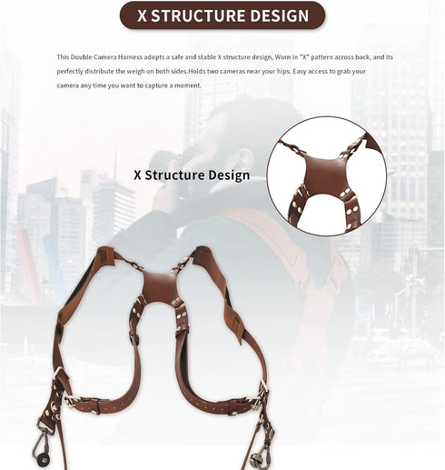 Double Camera Strap, Adjustable Leather Shoulder Strap for Two Cameras (Brown)