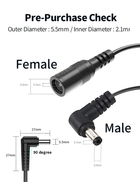 Tonton DC Power Extension Cable 1M - 5.5mm x 2.1mm Right Angle Female to Male Adapter Cord for IP Camera