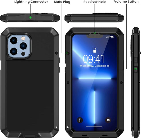 Lanhiem Metal Case for iPhone 13 Pro - Heavy Duty Shockproof Rugged Cover with Built-in Glass Screen Protector
