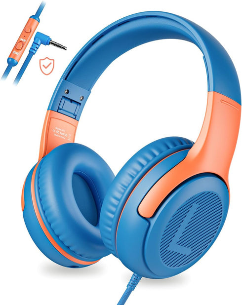 Kids Wired Headphones, Over-Ear Headphones with Microphone, 85/94dB Volume-Limiting, Foldable On-Ear Design for