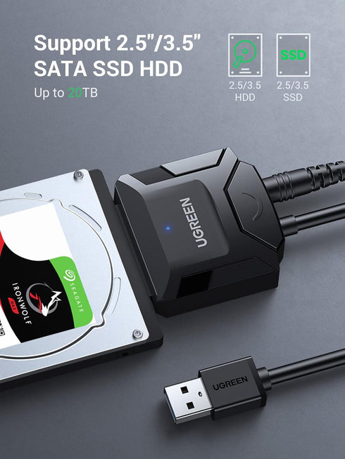 UGREEN SATA to USB 3.0 Adapter Cable for 3.5 2.5 Inch SSD/HDD Hard Drive Reader SATA III Hard Drive Disk Converter Support UASP Compatible with Samsung Seagate WD Hitachi with 12V Power Adapter by UGREEN