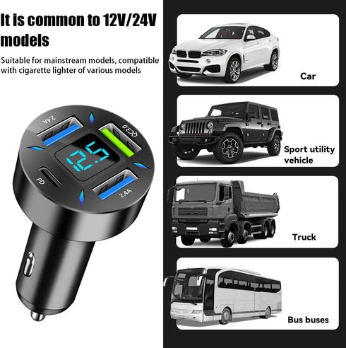 4 Ports USB Car Charger, 66W Super Fast Charging with QC 3.0, PD 20W, and USB 2.4A Adapter (2PCS)