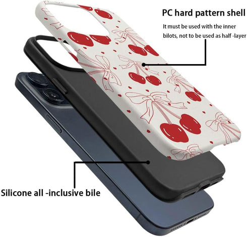 iPhone 14 Plus Case, HH2 Red Cherry Bows Hybrid 2 Layer Hard Shell Silicone Protective Pattern Design