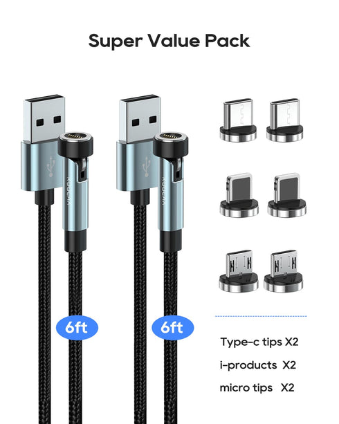 Kuulaa 7PIN Magnetic Charging Cable, 540° Rotating Magnetic Phone Charger 2Pack, 6FT Fast Charging Cable