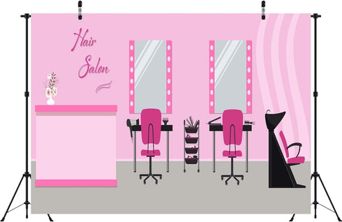 BELECO 5x4ft Fabric Hair Salon Interior Backdrop Pink Barber Shop Haircut Chair Mirror Background Hairstylist Theme