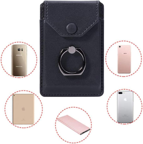 Ring Stand - Slim Leather Wallet Stick on Wallet for Cell Phone, Credit Card RFID Blocking Sleeve Black