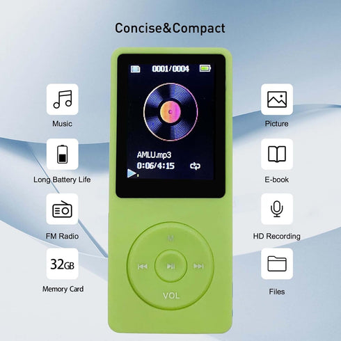 MP3 Player 32GB with Speaker, Portable Mini Green Music Player, Support Voice Recorder, E-Book, 1.8 inch HD Screen