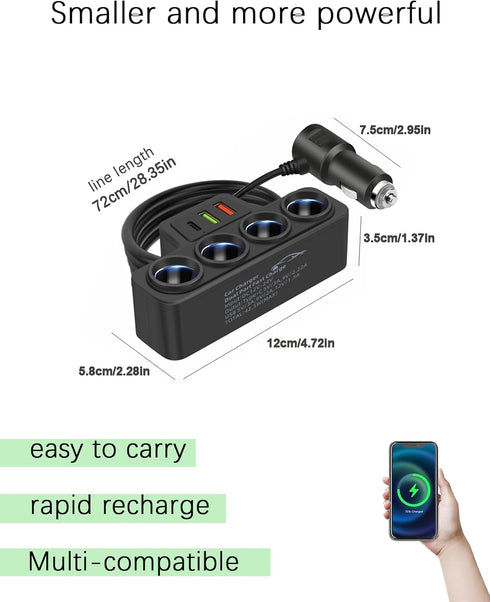 Multi-Function Cigarette Lighter Splitter with 4 Sockets, 1 PD Fast Charger Port, 2-Port USB Power Adapter for Cell