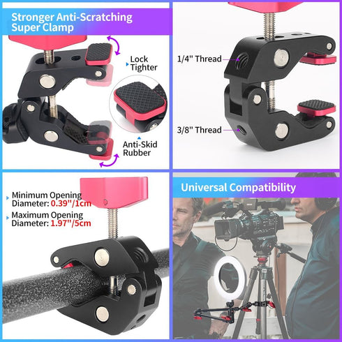 Super Camera Clamp Mount with Adjustable Magic Arm 22in, Articulating Arm with Dual Ball Head Adapter 1/4" Thread for
