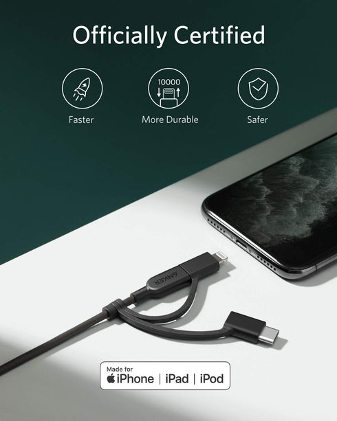 Anker Powerline II 3-in-1 Cable (3ft, Black) for iPhone, iPad, Samsung Galaxy, Huawei, HTC, LG, Sony Xperia, Android.
