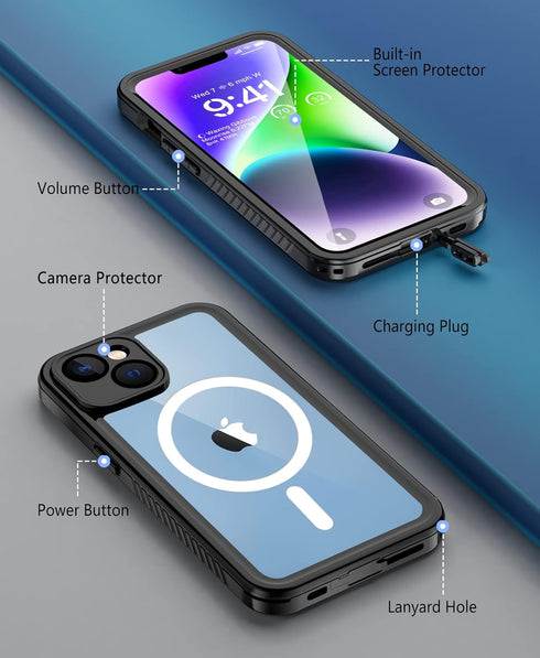 Beeasy for iPhone 14 Waterproof Case - Compatible with MagSafe, IP68 Underwater Military Grade, Shockproof Rugged