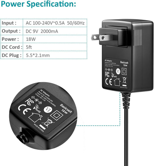 Universal 9V 2A AC Power Supply Adapter, 100-240V AC to DC for LED Strip Light, CCTV, Toys