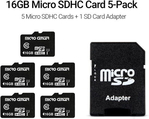 INLAND Micro Center 16GB Class 10 Micro SDHC Flash Memory Card with Adapter for Mobile Device Storage Phone, Tablet, Drone & Full HD Video Recording - 80MB/s UHS-I, C10, U1 (5 Pack)