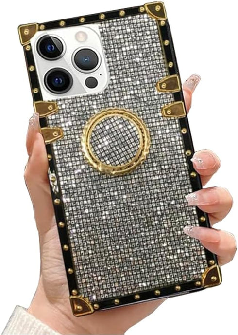 Bling Case for iPhone 12 Pro Max 6.7" Soft TPU Cover with Ring Kickstand Holder, Glitter Gold Corner, Gray