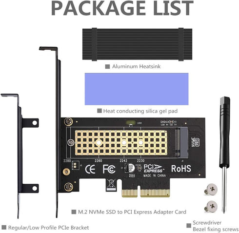 M.2 NVME to PCIe 3.0 x4 Adapter with Aluminum Heatsink Solution