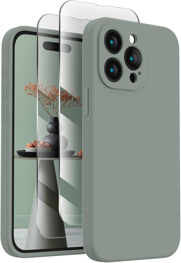FireNova iPhone 15 Pro Case, 6.1" Calke Green, Silicone, Camera Protection, Soft Microfiber Lining + 2 Screen