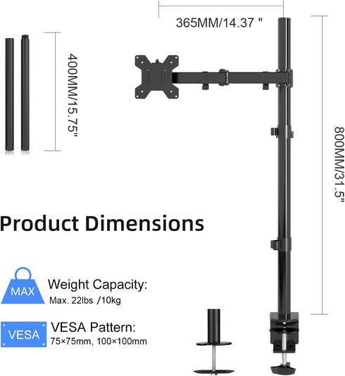 Suptek MD6821 Single Monitor Arm Desk Mount, Fully Adjustable for 1 Screen up to 32 inch, Extra Tall 31.5 inch Pole,