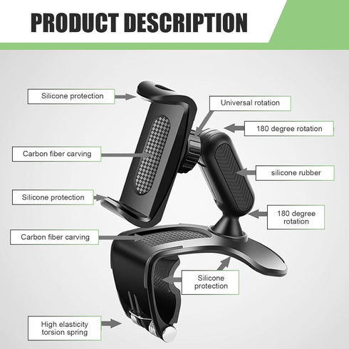 Hugwits 360 4-7 Inches Car Phone Holder, Degree Rotation Clip-on Dashboard Phone Holder, Multifunctional Mobile Phone