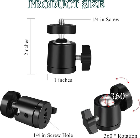JAOXISOU 2 Pack 1/4" 360 Universal Swivel Mini Ball Head Screw Tripod Mount, Degree Rotating Mount Base Adapter