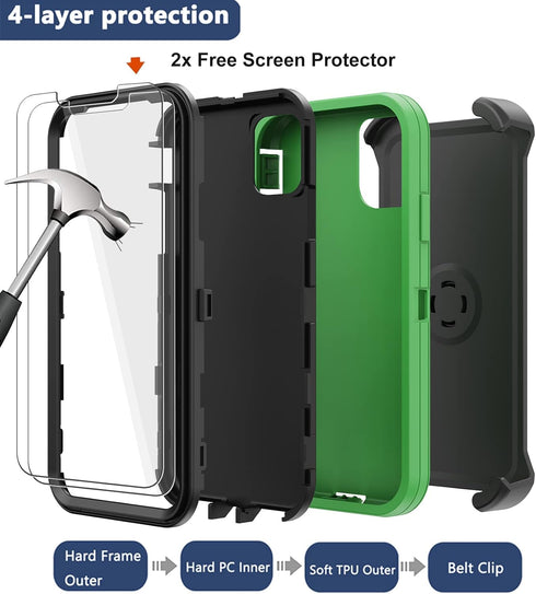 Shop iPhone 11 Heavy Duty Case with Belt Clip Holster & 2 Screen Protectors - Military Grade Rugged Protection (Green
